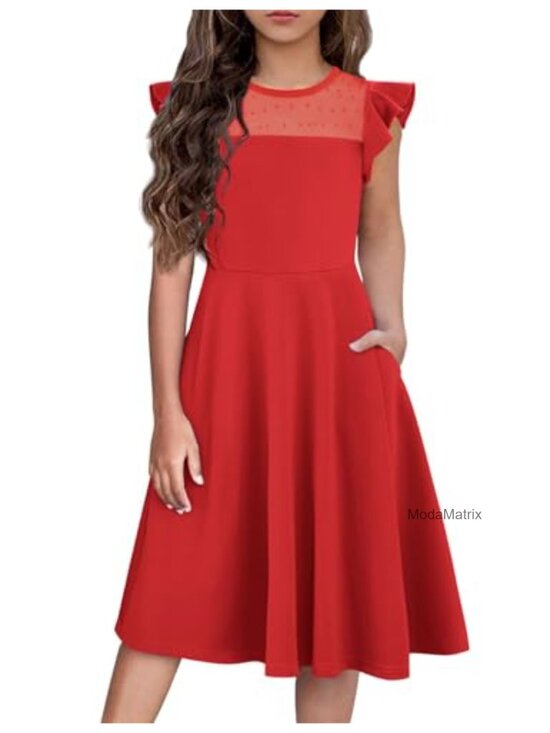 Other - Girls Formal Party Wedding Dress Ruffle Sleeve A-Line Mesh with Pockets